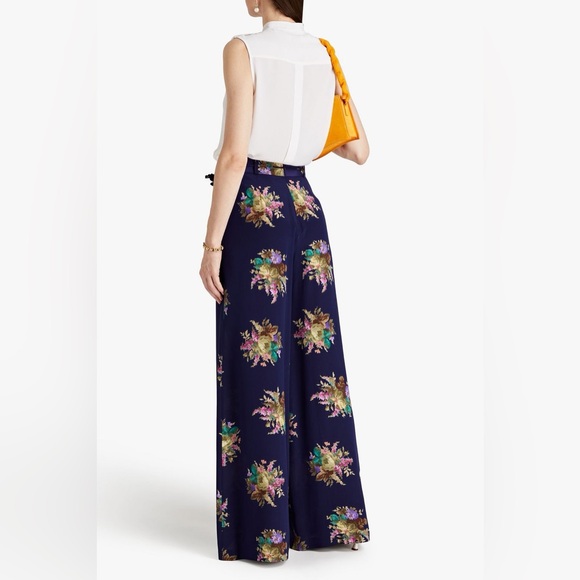 Zimmermann Navy Floral Silk Crepe Wide Leg Pants - Picture 2 of 7